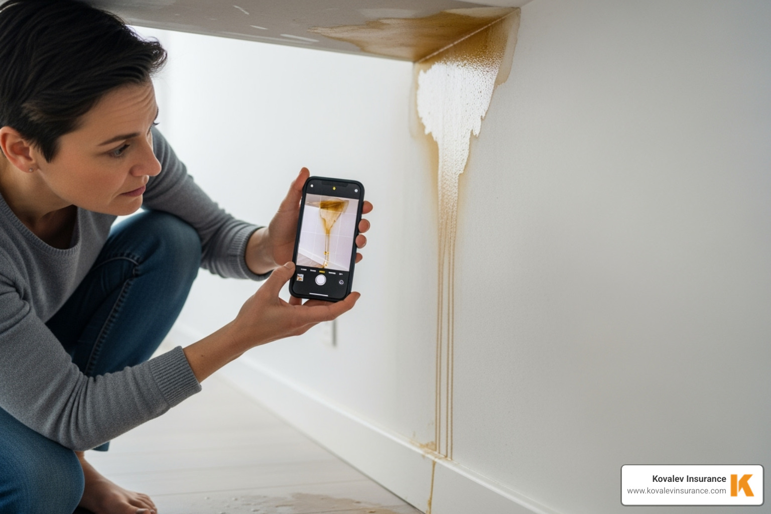 a homeowner safely taking photos of water damage on their phone - insurance restoration companies a homeowner safely taking photos of water damage on their phone - insurance restoration companies