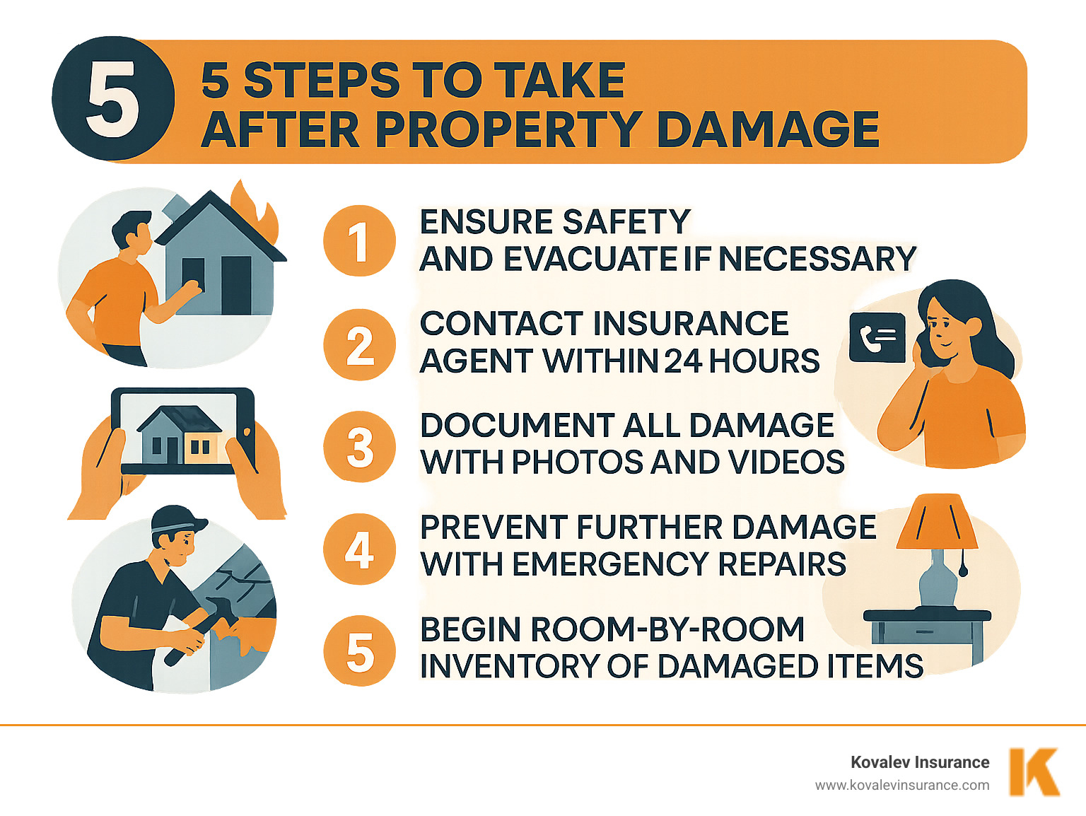 Comprehensive infographic showing the 5 critical steps homeowners must take immediately after property damage: 1) Ensure safety and evacuate if necessary, 2) Contact insurance agent within 24 hours, 3) Document all damage with photos and videos, 4) Prevent further damage with emergency repairs, 5) Begin room-by-room inventory of damaged items - insurance restoration companies infographic Comprehensive infographic showing the 5 critical steps homeowners must take immediately after property damage: 1) Ensure safety and evacuate if necessary, 2) Contact insurance agent within 24 hours, 3) Document all damage with photos and videos, 4) Prevent further damage with emergency repairs, 5) Begin room-by-room inventory of damaged items - insurance restoration companies infographic