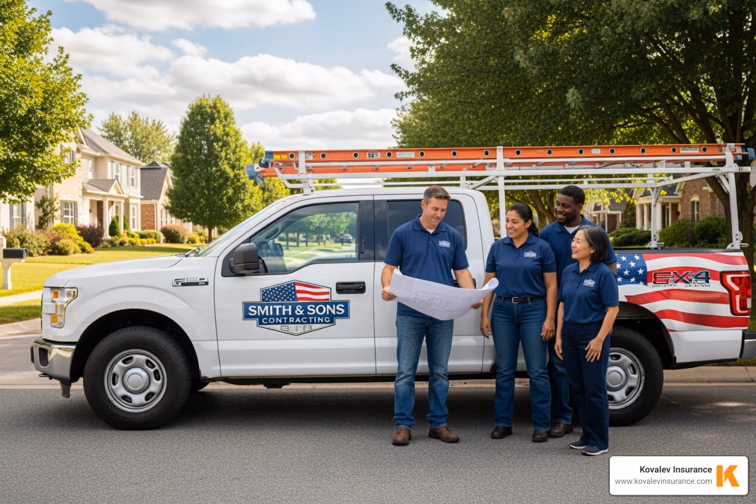 contractor's clean, branded truck and uniformed team - how to become a preferred contractor for insurance companies