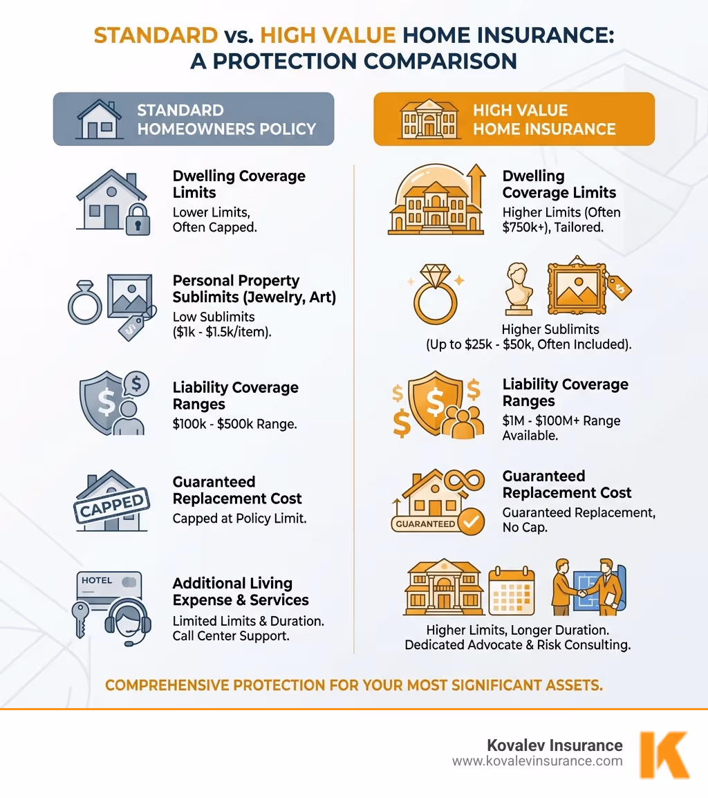 infographic showing comparison between standard homeowners insurance and high value home insurance, including dwelling coverage limits, personal property sublimits for jewelry and art, liability coverage ranges, guaranteed replacement cost features, additional living expense limits, and specialized services like risk consulting and dedicated claims advocates - High Value Home Insurance infographic 