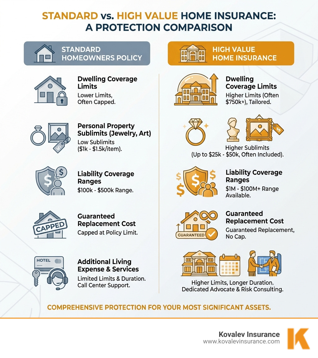 infographic showing comparison between standard homeowners insurance and high value home insurance, including dwelling coverage limits, personal property sublimits for jewelry and art, liability coverage ranges, guaranteed replacement cost features, additional living expense limits, and specialized services like risk consulting and dedicated claims advocates - High Value Home Insurance infographic infographic showing comparison between standard homeowners insurance and high value home insurance, including dwelling coverage limits, personal property sublimits for jewelry and art, liability coverage ranges, guaranteed replacement cost features, additional living expense limits, and specialized services like risk consulting and dedicated claims advocates - High Value Home Insurance infographic