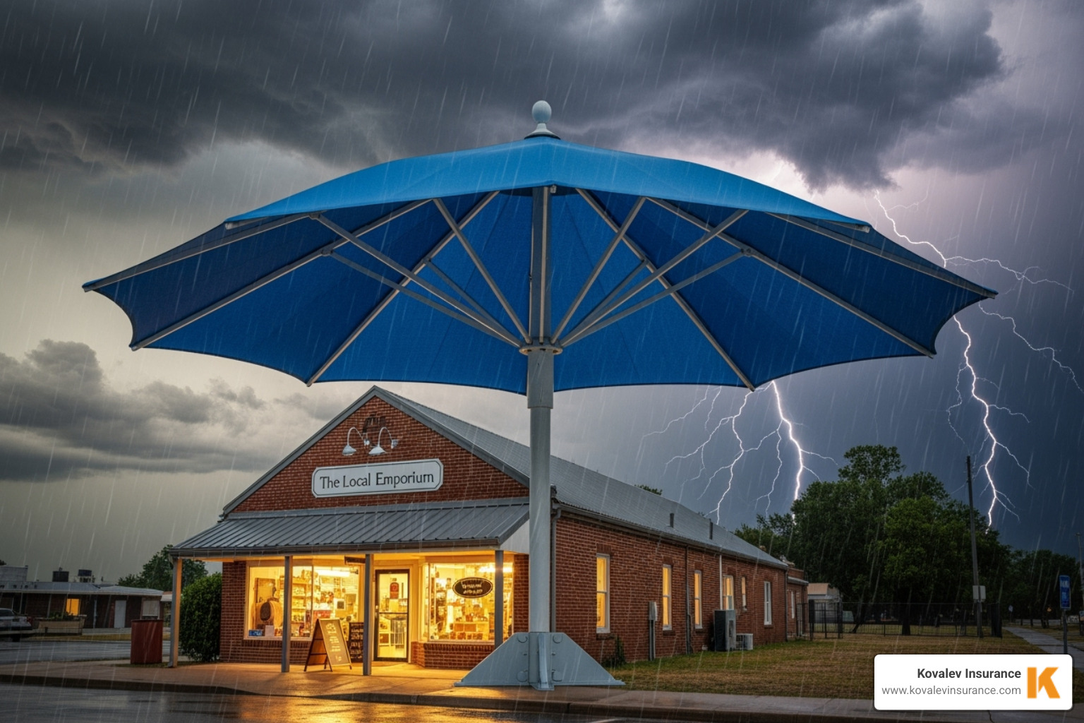large umbrella shielding a small business from a storm - commercial liability coverage