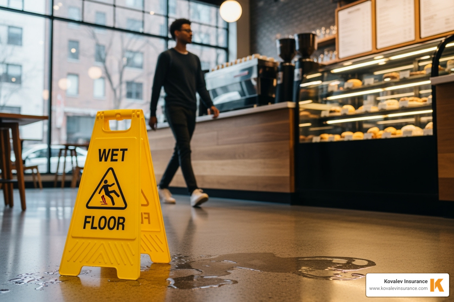 wet floor sign in a Brookline coffee shop with a customer nearby - commercial liability coverage