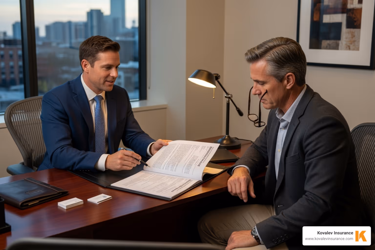 contractor from Wellesley reviewing an insurance policy with a client - commercial liability coverage contractor from Wellesley reviewing an insurance policy with a client - commercial liability coverage