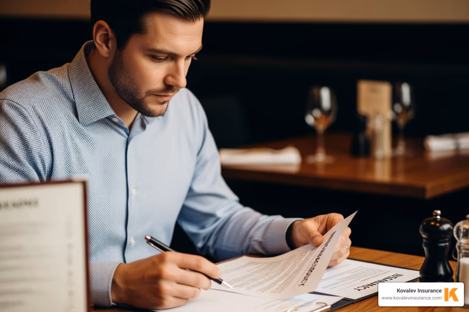 Restaurant owner reviewing insurance policy - do restaurants need insurance