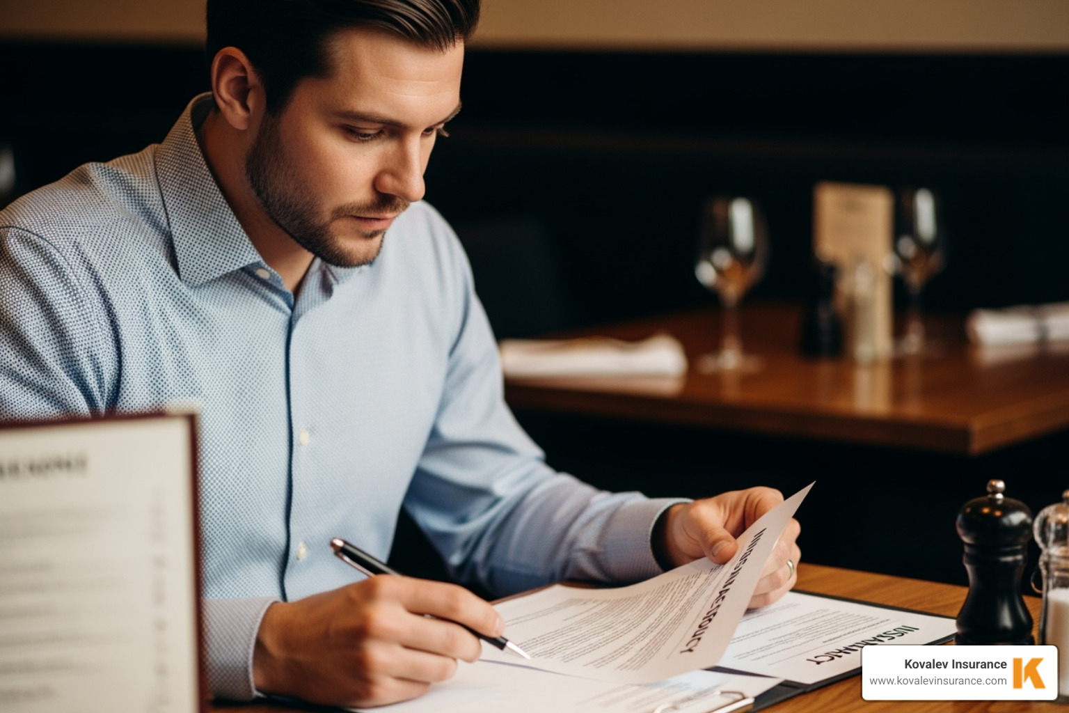 Restaurant owner reviewing insurance policy - do restaurants need insurance