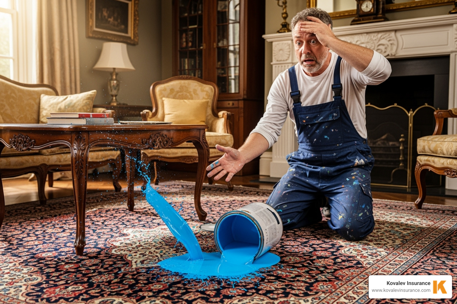 A painter accidentally spilling paint on an expensive rug in a Wellesley home. - independent contractors liability