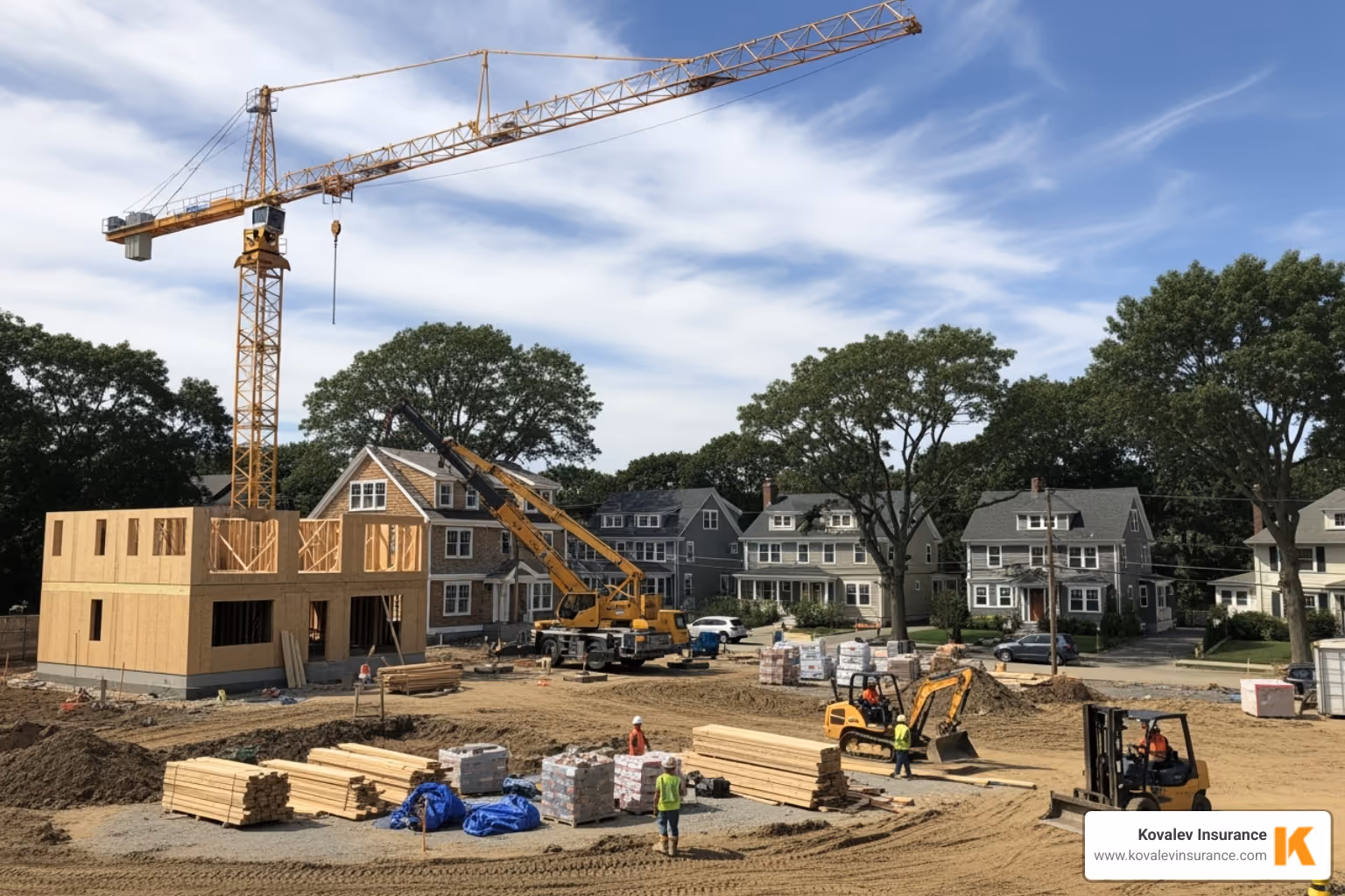 a construction site in a suburban Boston setting like Newton or Wellesley - owners and contractors protective liability coverage