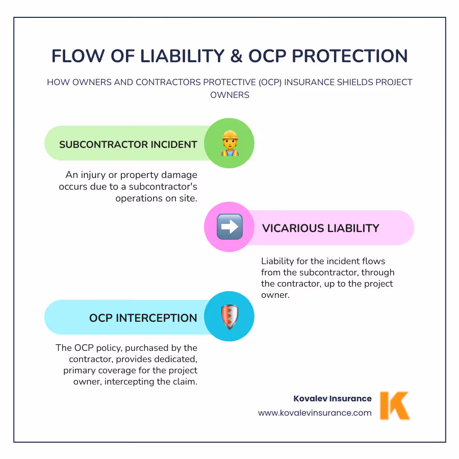 Detailed infographic showing the flow of liability from subcontractor actions through contractor to project owner, illustrating how OCP insurance intercepts and covers these claims with dedicated policy limits and primary coverage status - contractors protective liability insurance infographic infographic-line-3-steps-colors