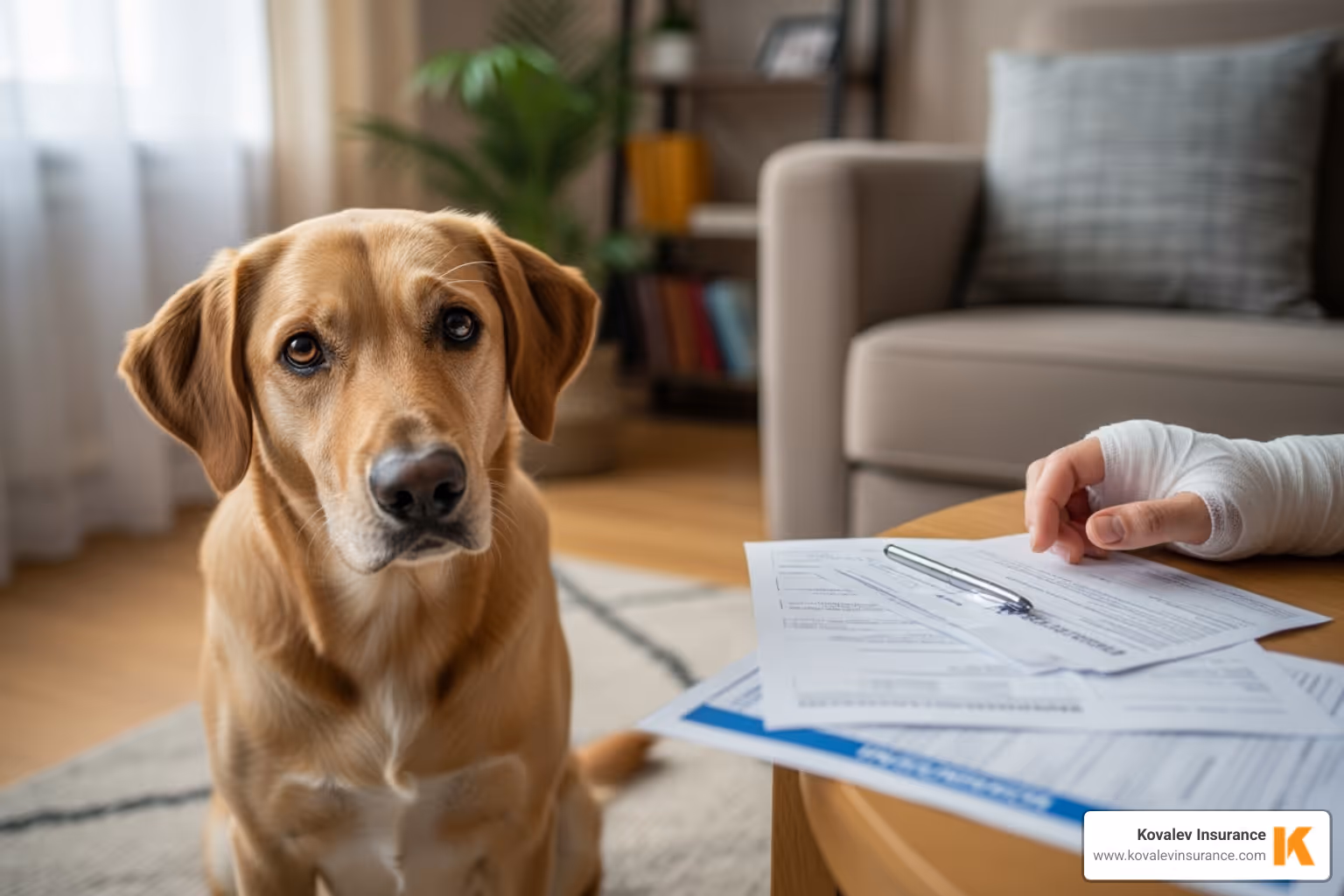 dog in living room - dog bite claims homeowners insurance - does homeowners insurance cover dog bites concept