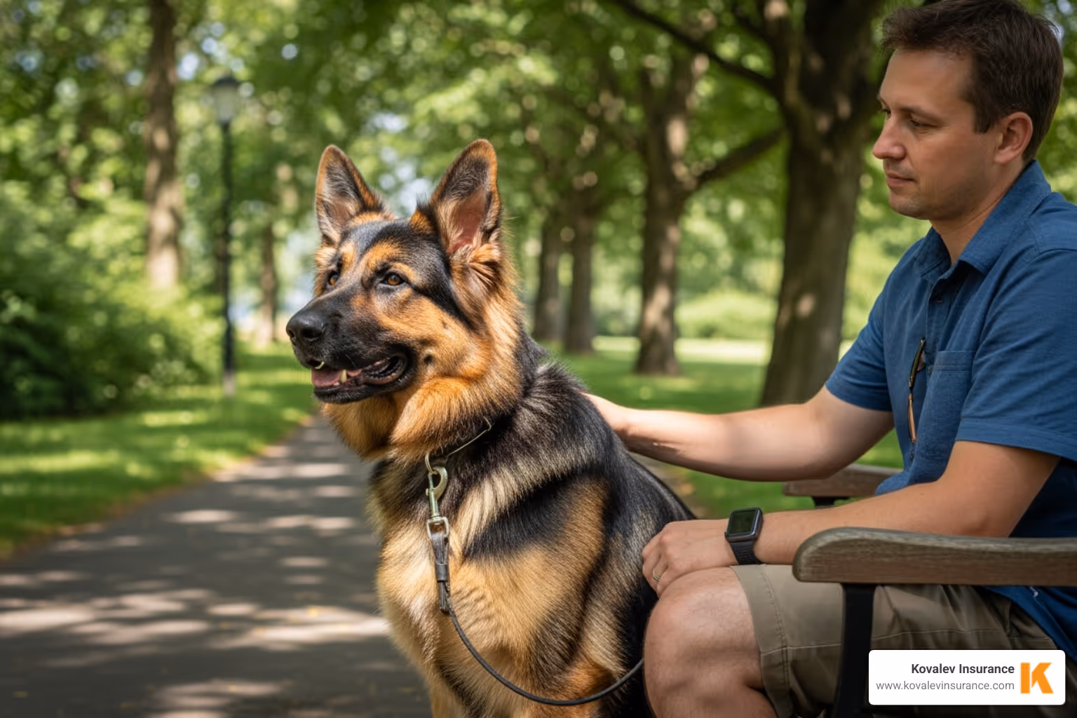 A German Shepherd sitting calmly next to its owner - does homeowners insurance cover dog bites