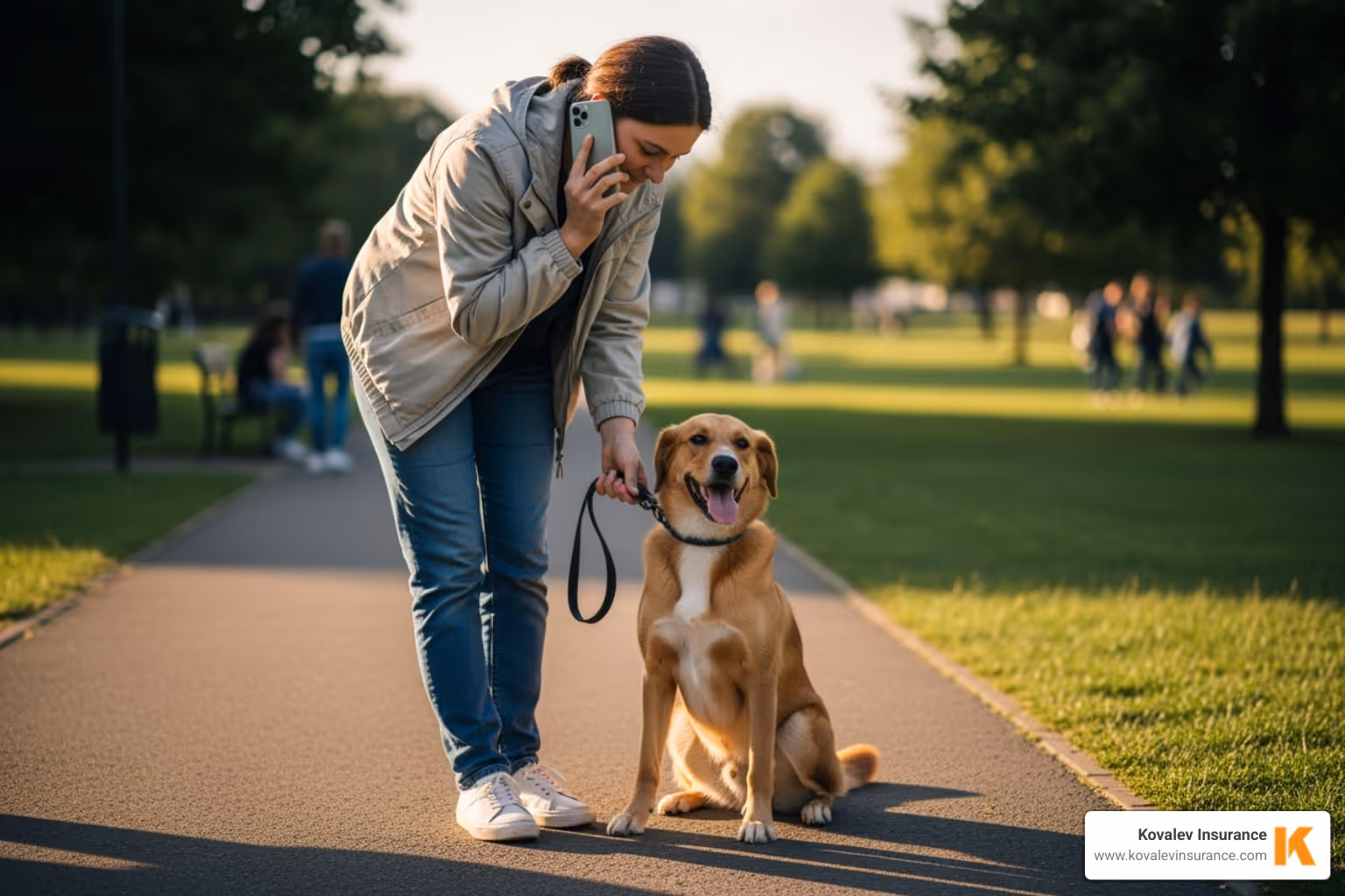 A person calmly securing a dog's leash while on the phone - does homeowners insurance cover dog bites