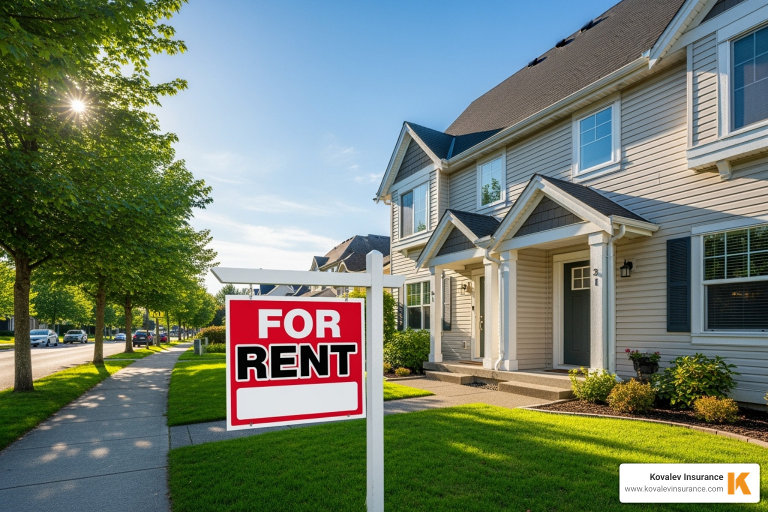 For Rent sign in front of a well-maintained duplex in Wellesley - DP3 dwelling coverage
