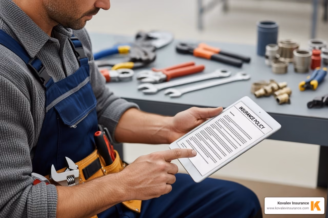 plumber reviewing an insurance policy on a tablet - plumbing insurance companies plumber reviewing an insurance policy on a tablet - plumbing insurance companies