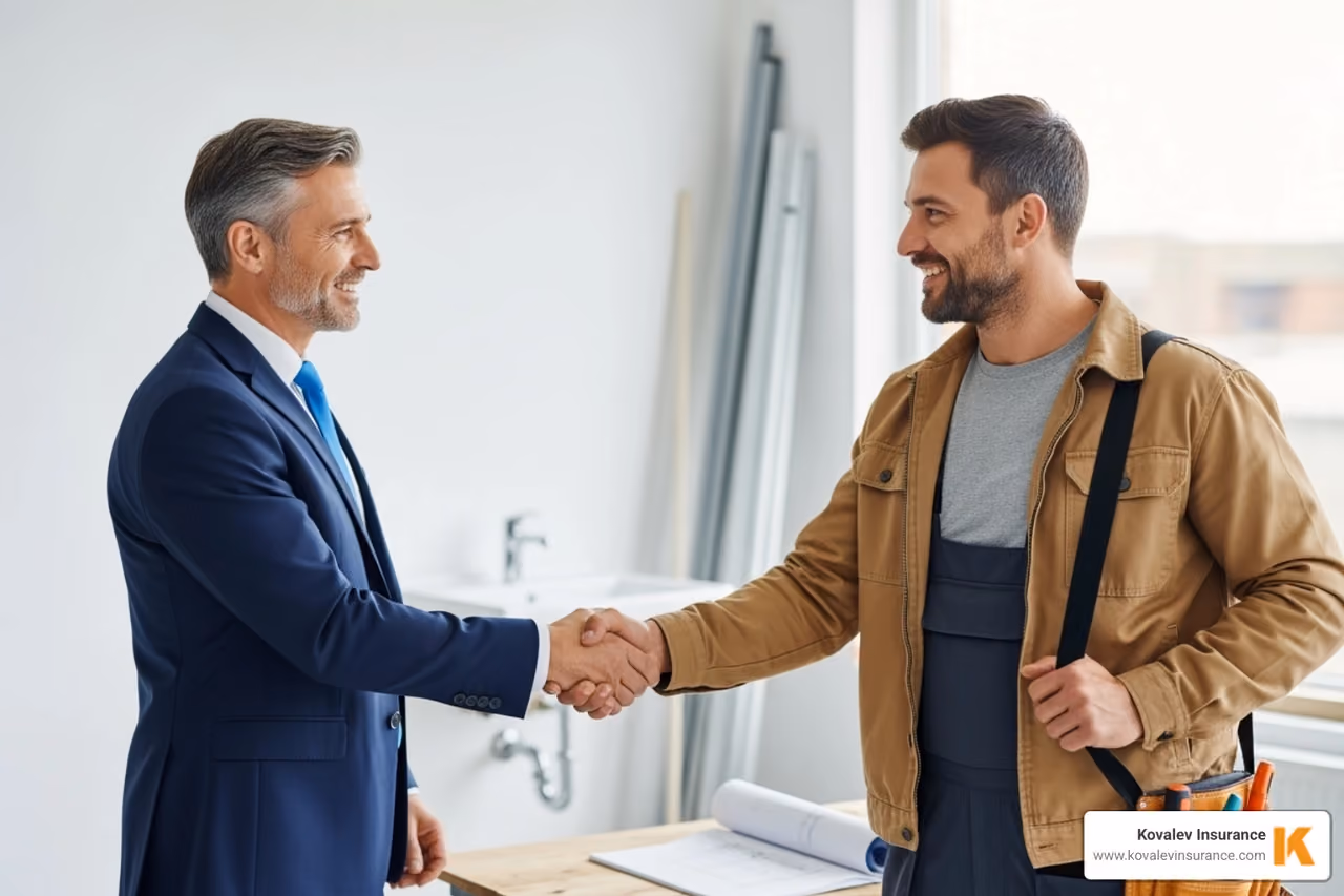 friendly insurance agent shaking hands with a plumber - plumbing insurance companies friendly insurance agent shaking hands with a plumber - plumbing insurance companies