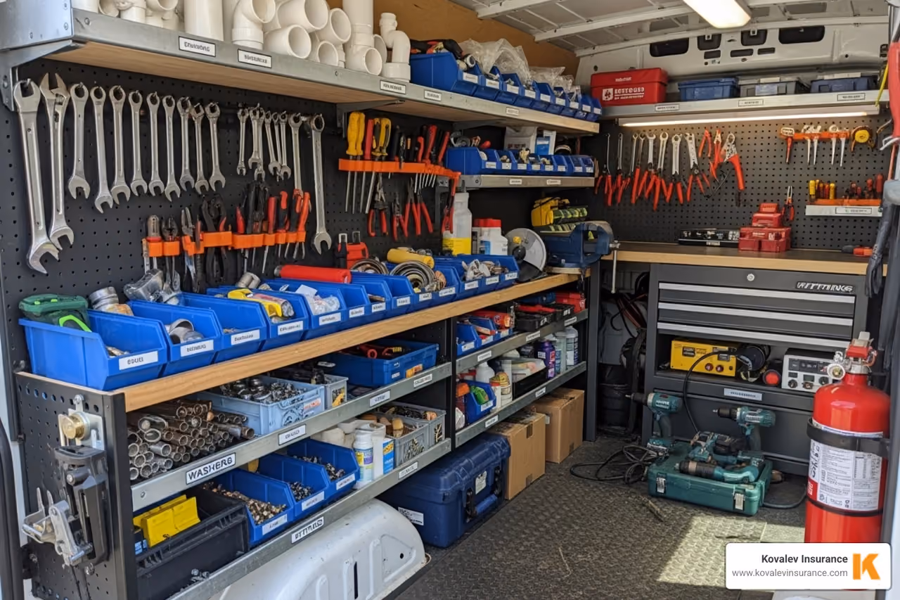 plumber's work van with tools neatly organized inside - plumbing insurance companies plumber's work van with tools neatly organized inside - plumbing insurance companies