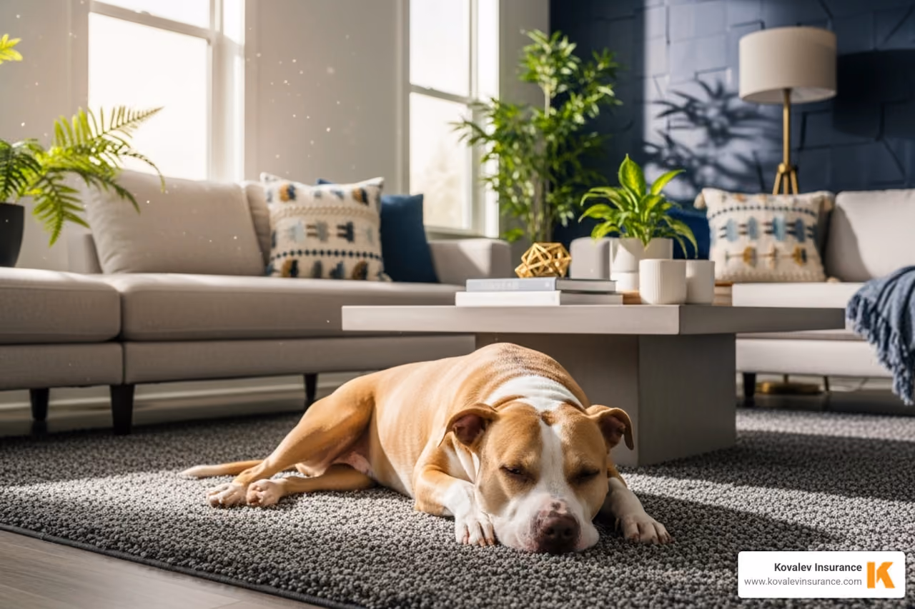 pitbull lying in living room on rug - house insurance with pitbull concept