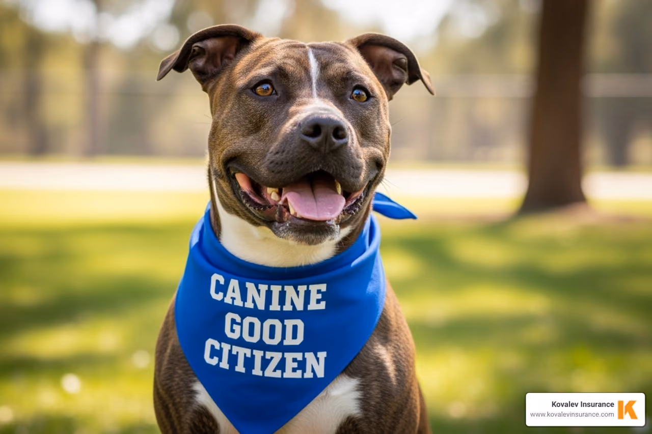 Pitbull wearing a "Canine Good Citizen" bandana - house insurance with pitbull