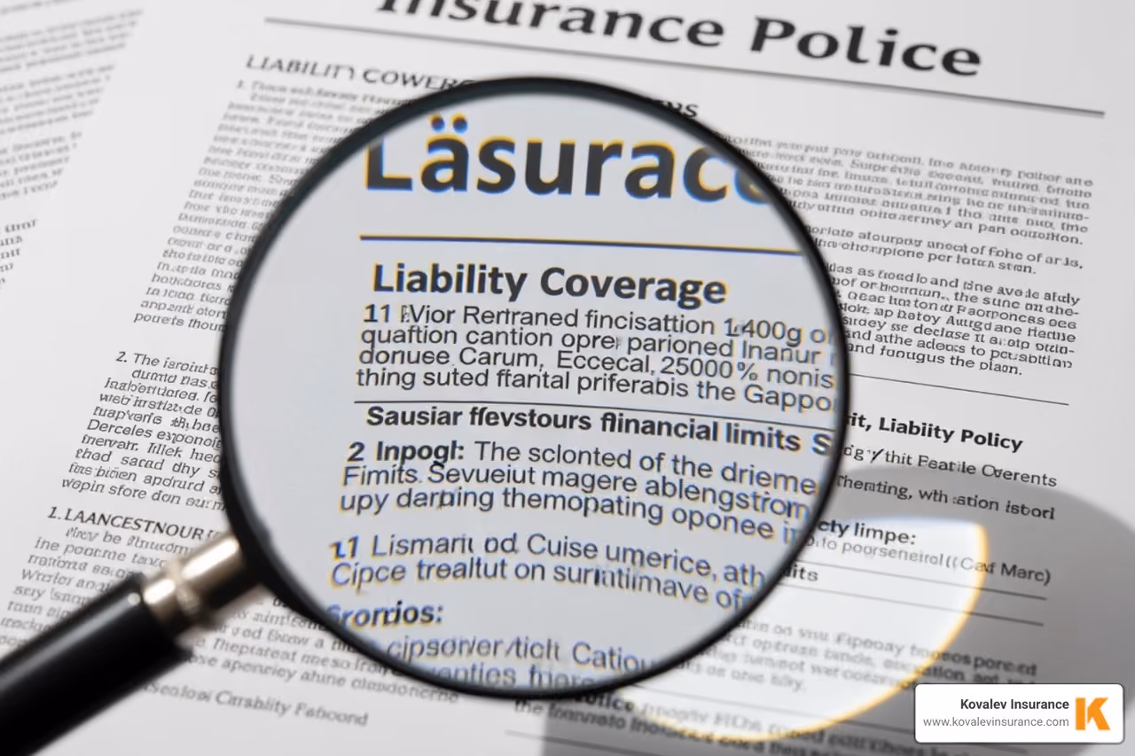 Generic insurance policy document with a magnifying glass over the liability section - house insurance with pitbull