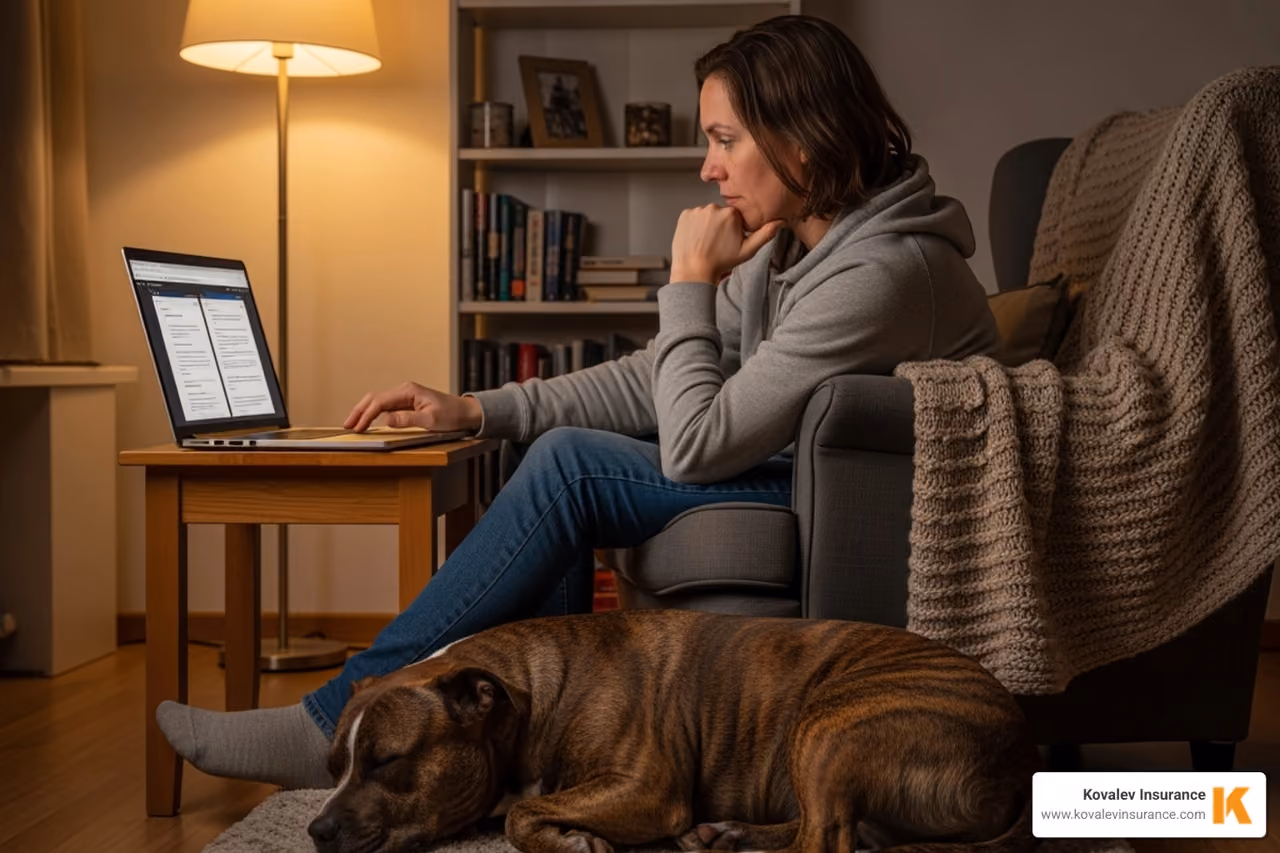 Person on a laptop comparing insurance quotes, with a pitbull sleeping at their feet - house insurance with pitbull