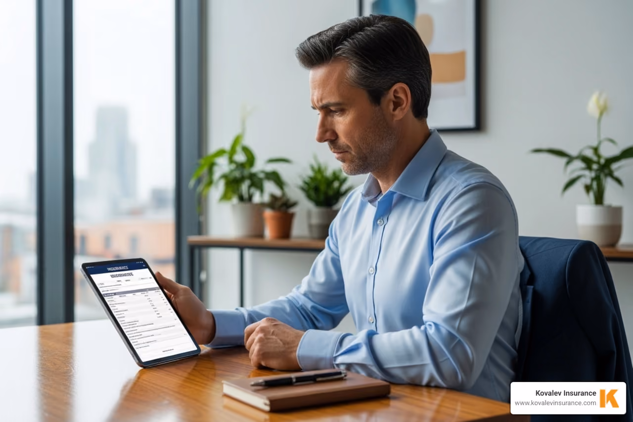 A business owner reviewing an insurance quote on a tablet - commercial insurance massachusetts A business owner reviewing an insurance quote on a tablet - commercial insurance massachusetts