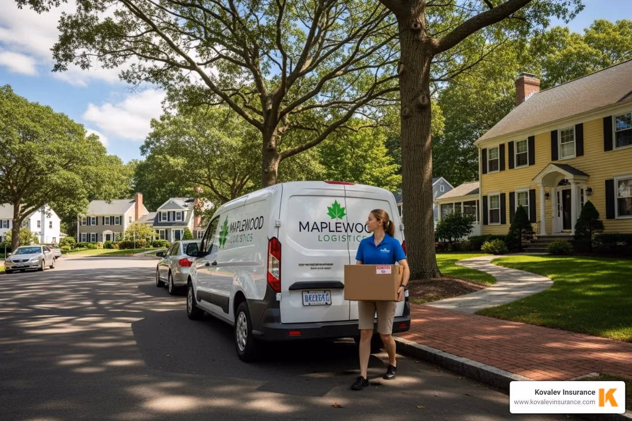 A branded commercial van making a delivery in a suburban area like Newton or Wellesley - commercial insurance massachusetts A branded commercial van making a delivery in a suburban area like Newton or Wellesley - commercial insurance massachusetts