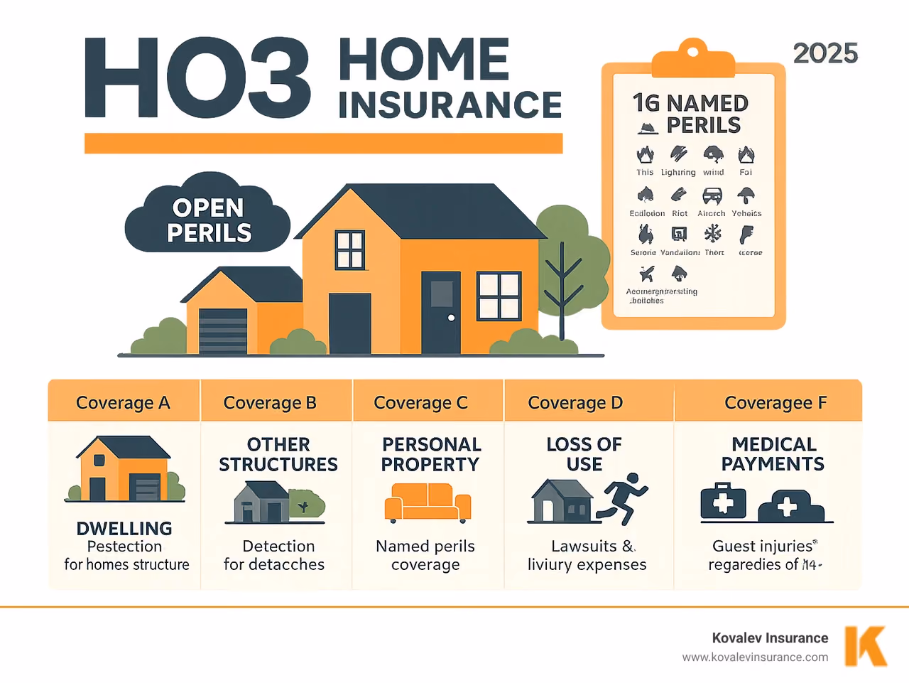 Infographic showing HO3 policy structure with dwelling covered by open perils protection and personal property covered by 16 named perils, including visual breakdown of Coverage A through F components - HO3 home insurance infographic Infographic showing HO3 policy structure with dwelling covered by open perils protection and personal property covered by 16 named perils, including visual breakdown of Coverage A through F components - HO3 home insurance infographic