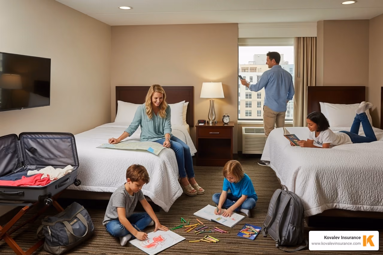 Image of a family temporarily staying in a hotel - HO3 home insurance Image of a family temporarily staying in a hotel - HO3 home insurance