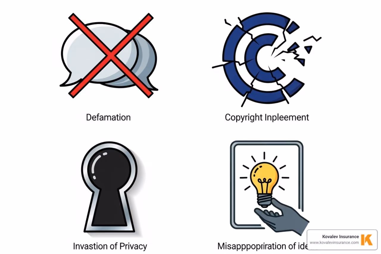 Icons representing libel, slander, copyright infringement, invasion of privacy, and misappropriation of ideas - advertising injury coverage Icons representing libel, slander, copyright infringement, invasion of privacy, and misappropriation of ideas - advertising injury coverage