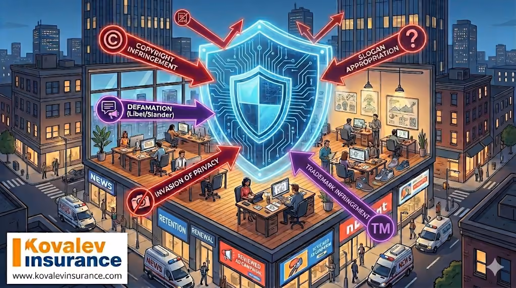 illustrative landscape infographic featuring a glowing blue digital shield protecting a cutaway view of a busy advertising office at night. Multiple colored arrows representing legal risks are shown being deflected by the shield, labeled with terms