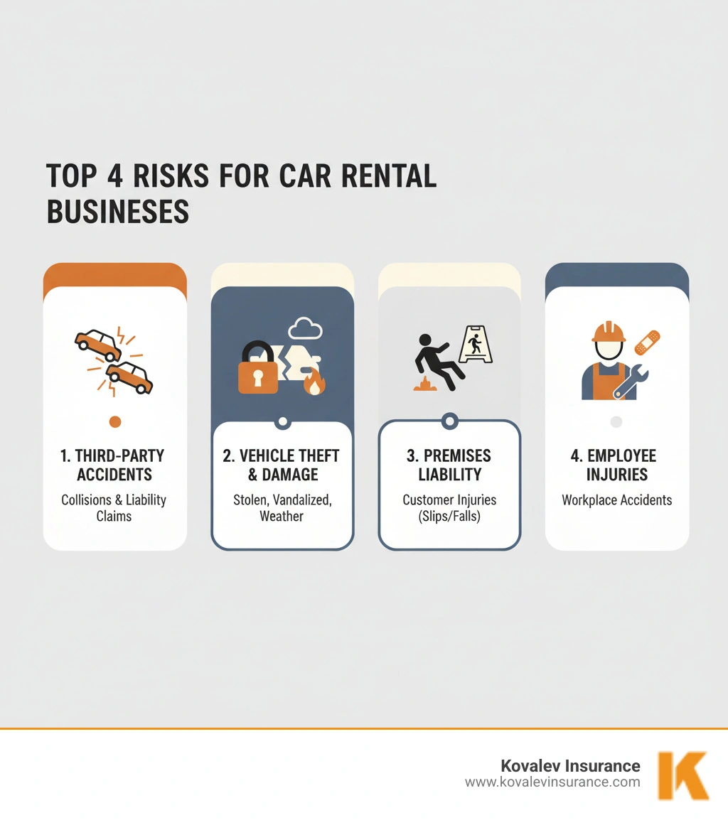 Infographic showing the top 4 risks for car rental businesses: 1) Third-Party Accidents - Renters cause collisions resulting in injury or property damage claims against your business, 2) Vehicle Theft and Damage - Fleet vehicles stolen, vandalized, or damaged by fire, weather, or collision, 3) Premises Liability - Customers or visitors injured at your rental location from slips, falls, or other hazards, 4) Employee Injuries - Staff hurt while moving vehicles, performing maintenance, or handling customer service duties - car hire business insurance infographic Infographic showing the top 4 risks for car rental businesses: 1) Third-Party Accidents - Renters cause collisions resulting in injury or property damage claims against your business, 2) Vehicle Theft and Damage - Fleet vehicles stolen, vandalized, or damaged by fire, weather, or collision, 3) Premises Liability - Customers or visitors injured at your rental location from slips, falls, or other hazards, 4) Employee Injuries - Staff hurt while moving vehicles, performing maintenance, or handling customer service duties - car hire business insurance infographic