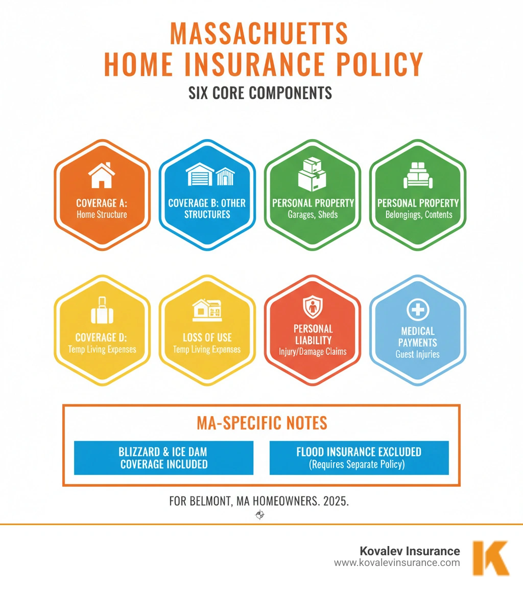 Infographic showing the six core components of a standard Massachusetts homeowners insurance policy: Coverage A - Dwelling protection for your home's structure, Coverage B - Other Structures for detached garages and sheds, Coverage C - Personal Property for belongings and contents, Coverage D - Loss of Use for temporary living expenses, Coverage E - Personal Liability for injury or property damage claims, and Coverage F - Medical Payments for guest injuries, with Massachusetts-specific notes about blizzard and ice dam coverage plus flood insurance exclusions - Home insurance Belmont MA infographic 
