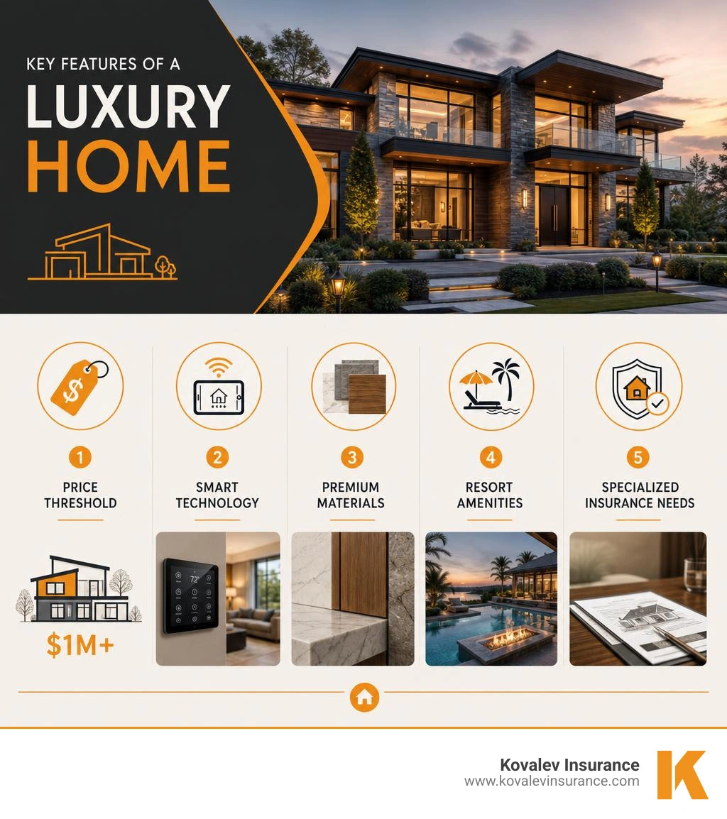 Infographic showing key features of a luxury home: price threshold, smart technology, premium materials, resort amenities Infographic showing key features of a luxury home: price threshold, smart technology, premium materials, resort amenities