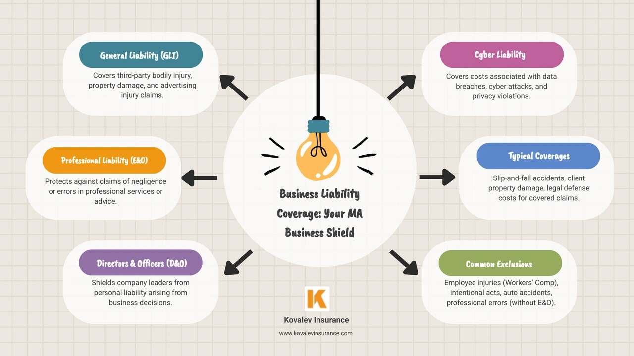 infographic showing a shield protecting a business building from various risks like lawsuits, property damage, injuries, and cyber threats - business liability insurance coverage infographic brainstorm-6-items