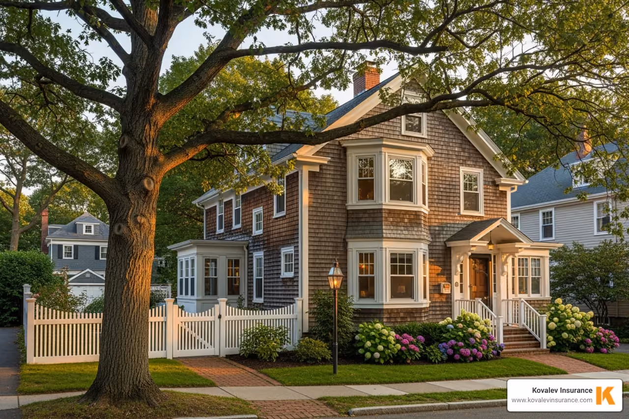 brookline massachusetts home with trees in yard - Home insurance Brookline MA concept
