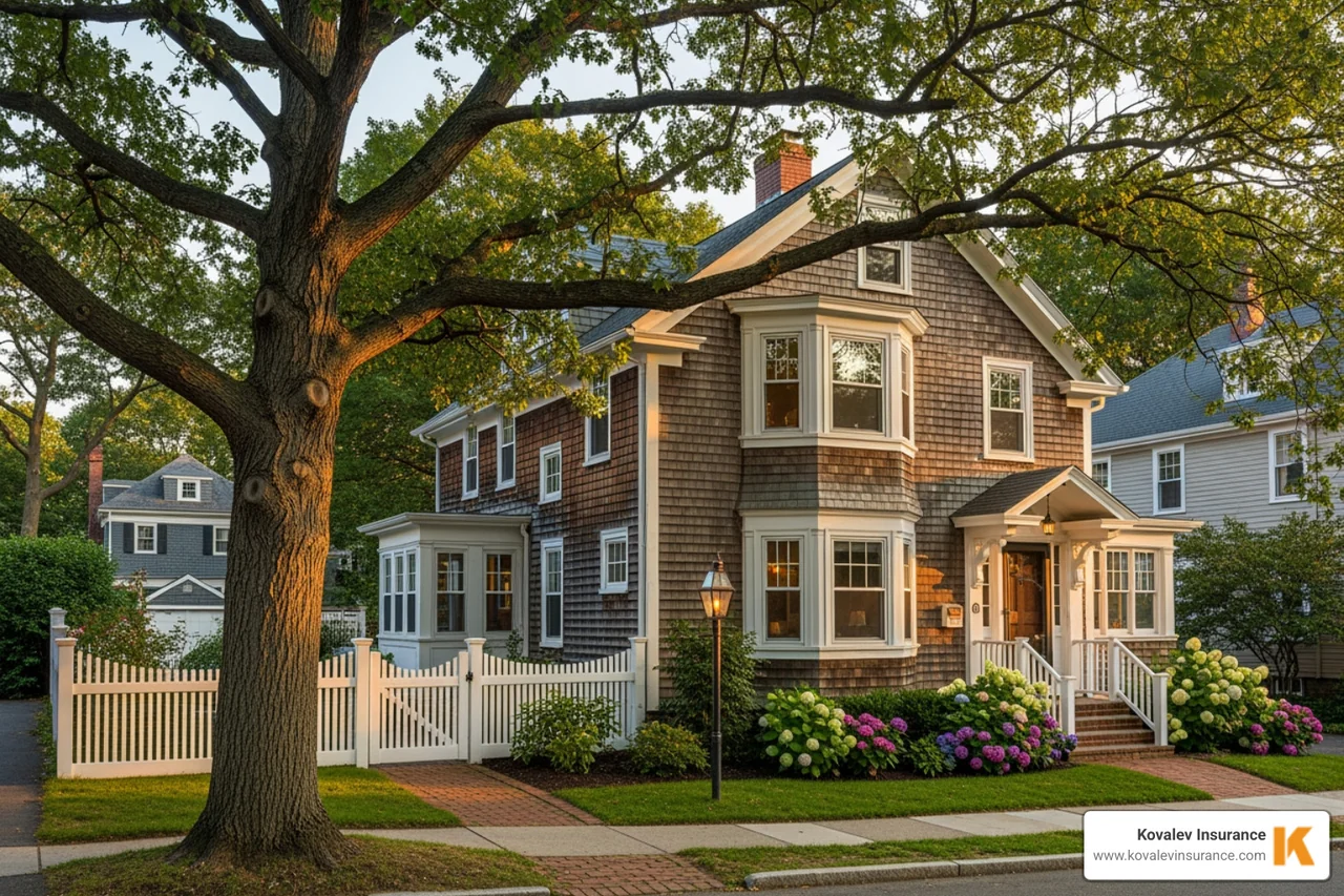 brookline massachusetts home with trees in yard - Home insurance Brookline MA concept