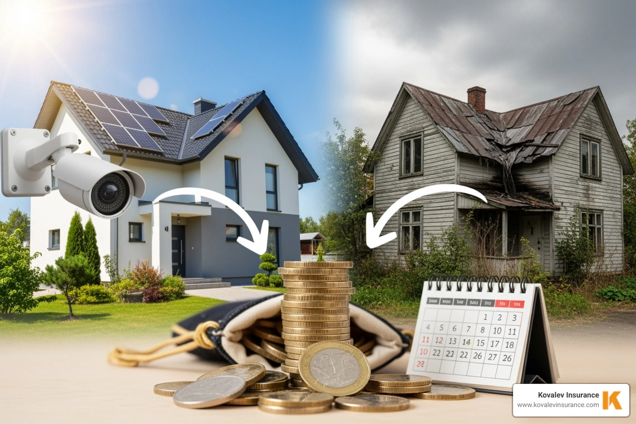 Chart showing how different factors (e.g., deductible, claims history, home age, safety features) affect homeowners insurance premiums - Home insurance Brookline MA