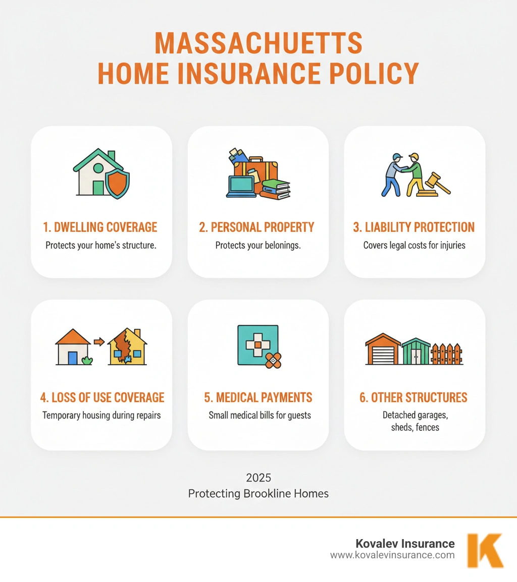 Infographic showing the six key components of a standard Massachusetts homeowners insurance policy: 1) Dwelling Coverage protects your home's structure, 2) Personal Property Coverage protects your belongings, 3) Liability Protection covers legal costs if someone is injured on your property, 4) Loss of Use Coverage pays for temporary housing during repairs, 5) Medical Payments to Others covers small medical bills for injured guests, and 6) Other Structures Coverage protects detached garages, sheds, and fences - Home insurance Brookline MA infographic 