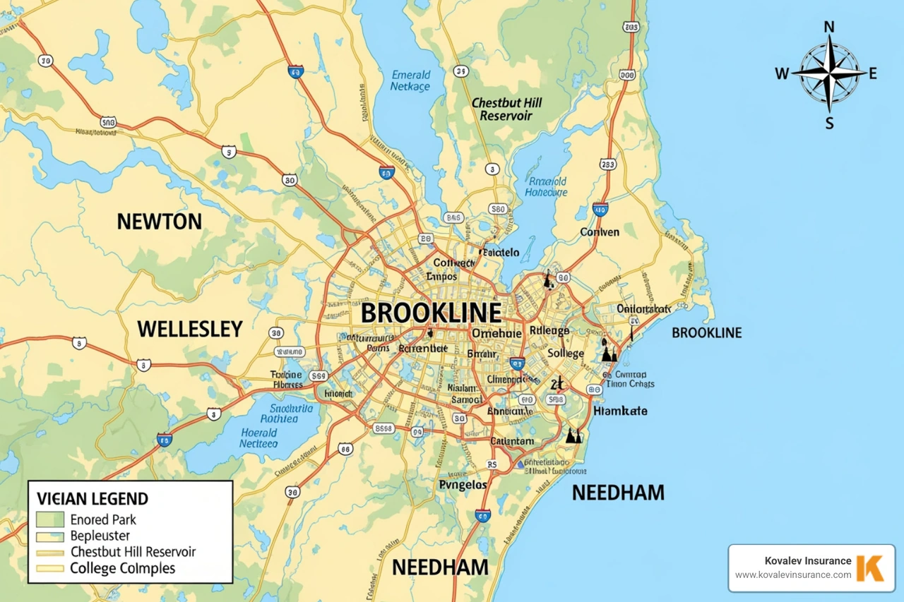Map showing Brookline and surrounding towns like Newton, Wellesley, and Needham - Home insurance Brookline MA