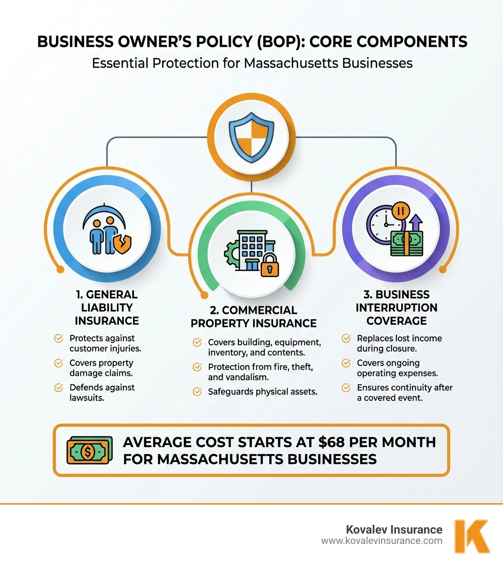Infographic showing three core components of a Business Owner's Policy (BOP): 1. General Liability Insurance protects against customer injuries, property damage claims, and lawsuits. 2. Commercial Property Insurance covers your building, equipment, inventory, and contents from fire, theft, and vandalism. 3. Business Interruption Coverage replaces lost income and covers operating expenses when you must temporarily close due to a covered event. Average cost starts at $68 per month for Massachusetts businesses. - business owners insurance near me infographic 