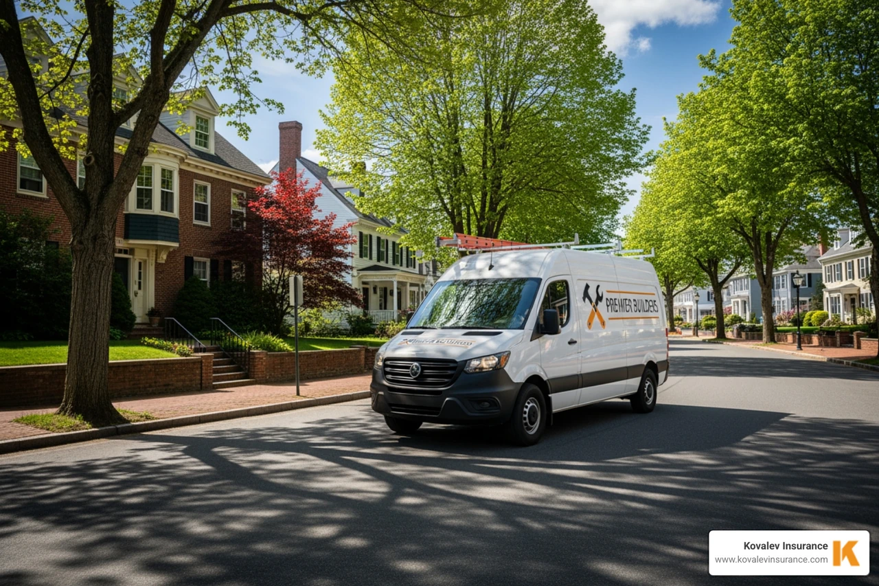 contractor's van with a logo driving through a New England town like Newton or Belmont - cheap business auto insurance