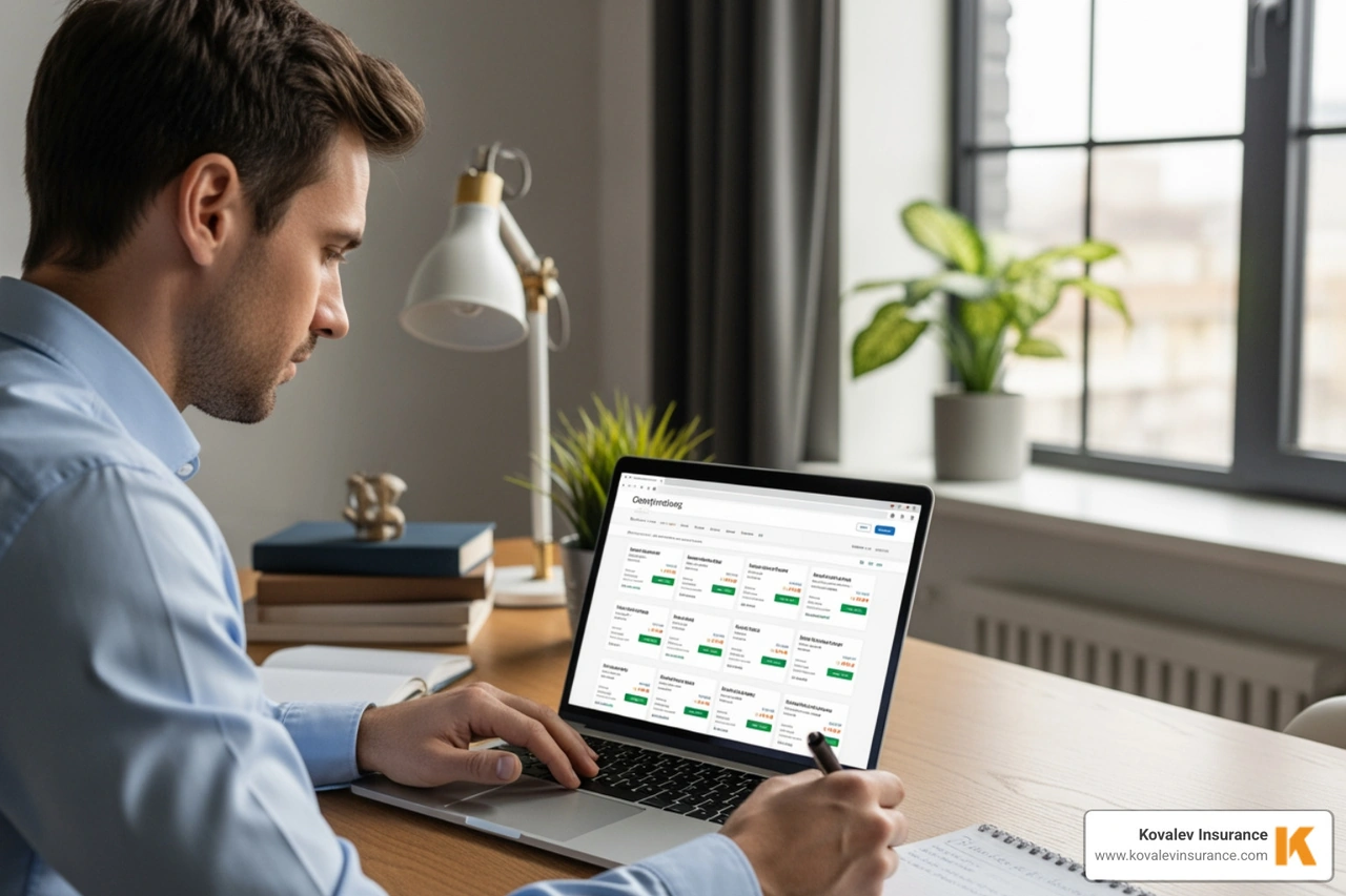 business owner comparing insurance quotes on a laptop - cheap business auto insurance