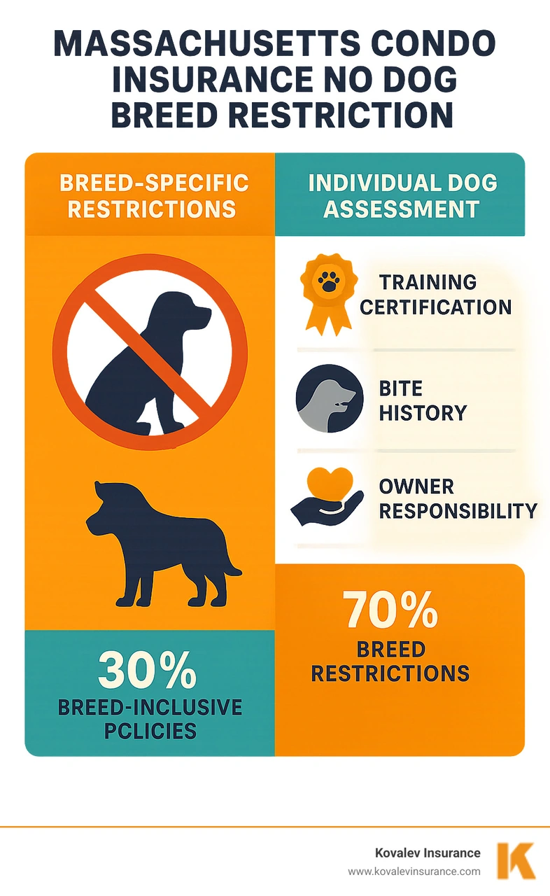 Infographic showing comparison between breed-specific insurance restrictions and individual dog assessment criteria, including training certifications, bite history, owner responsibility factors, and the percentage of Massachusetts insurers offering breed-inclusive policies versus those with breed restrictions - massachusetts condo insurance no dog breed restriction infographic 