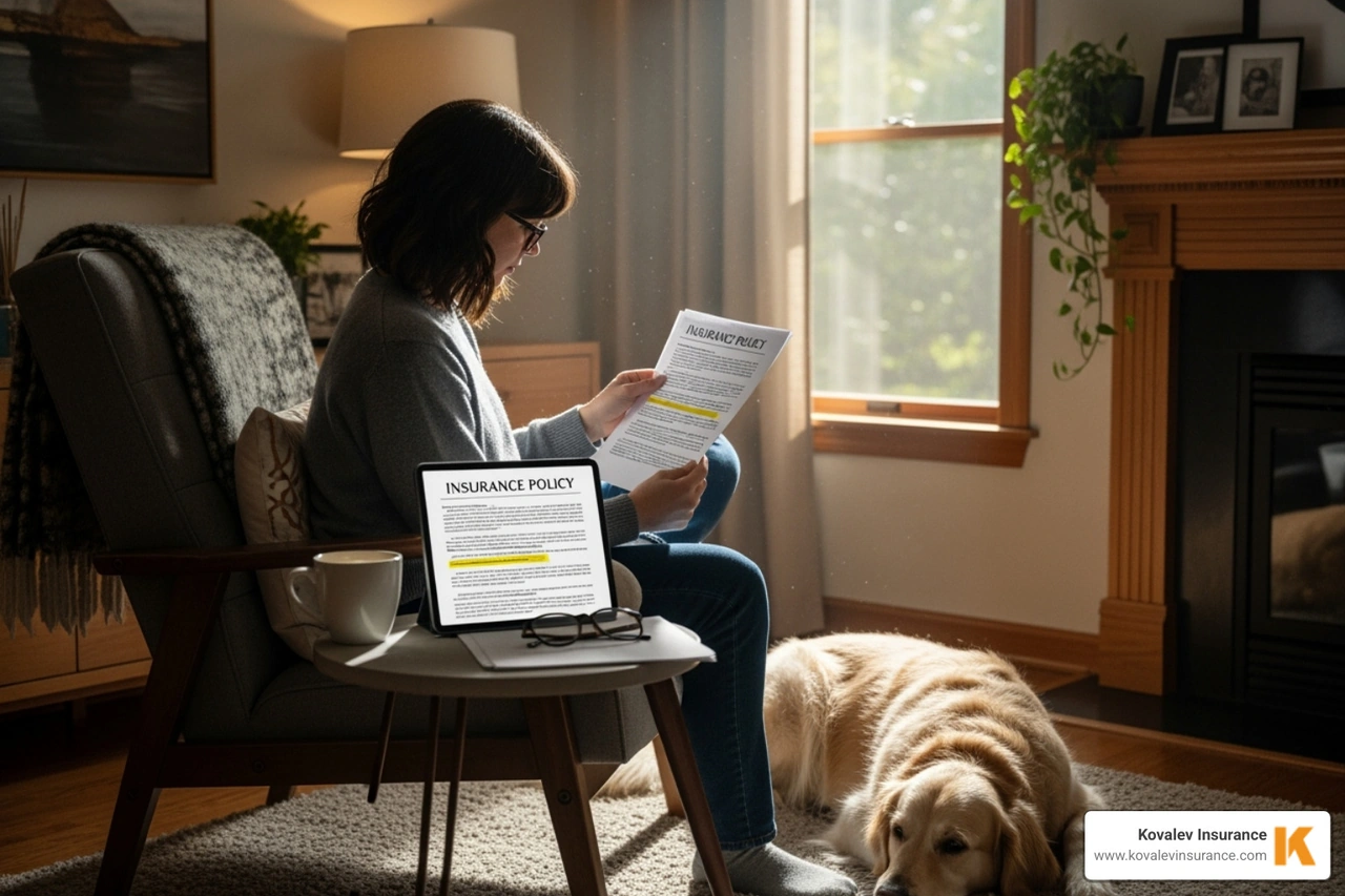 a person reviewing an insurance policy on a tablet with their dog lying at their feet; Average condo insurance cost in MA; Factors affecting premiums; The importance of transparency with insurers - massachusetts condo insurance no dog breed restriction