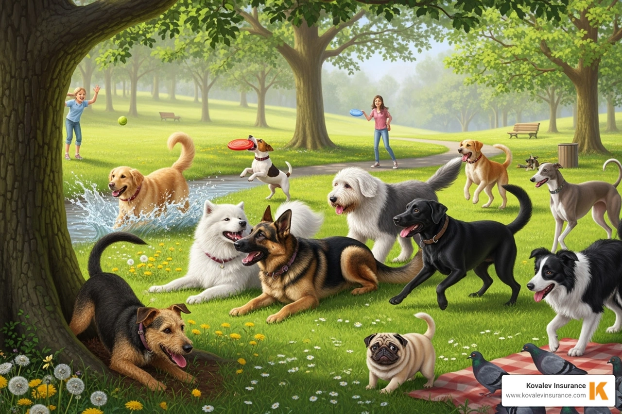 a diverse group of dogs of all breeds playing together happily in a park - massachusetts condo insurance no dog breed restriction