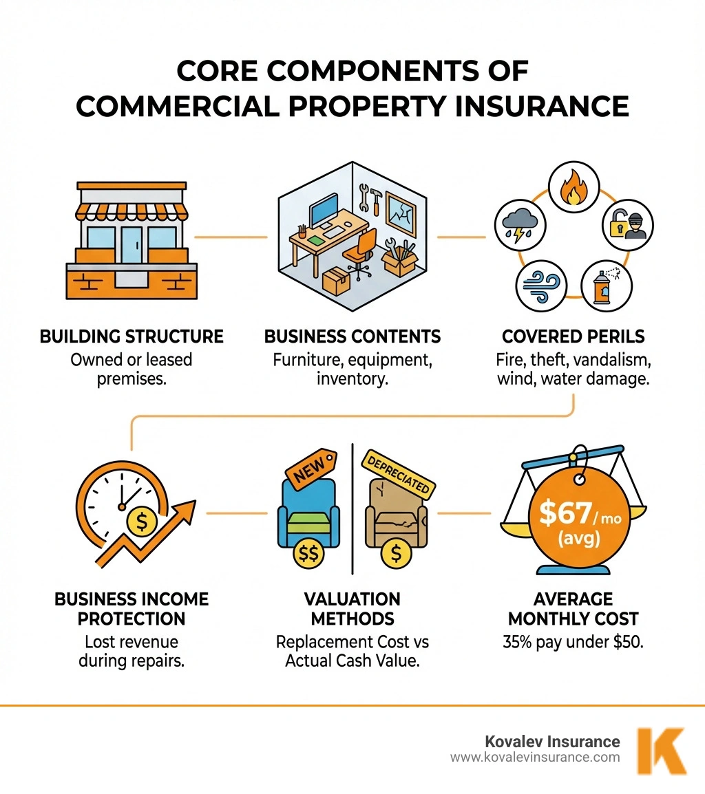 Infographic showing core components of commercial property insurance: Building Structure (owned or leased premises), Business Contents (furniture, equipment, inventory), Covered Perils (fire, theft, vandalism, wind, water damage), Business Income Protection (lost revenue during repairs), Valuation Methods (Replacement Cost vs. Actual Cash Value), and Average Monthly Cost ($67, with 35% paying under $50) - Commercial property insurance agency infographic 