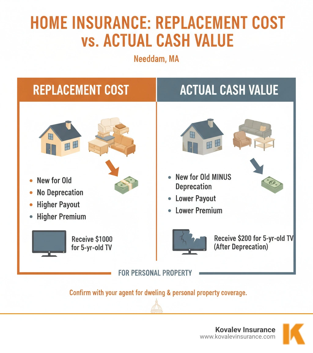 Comparison of Replacement Cost vs. Actual Cash Value for home insurance in Needham MA - Home insurance Needham MA infographic 