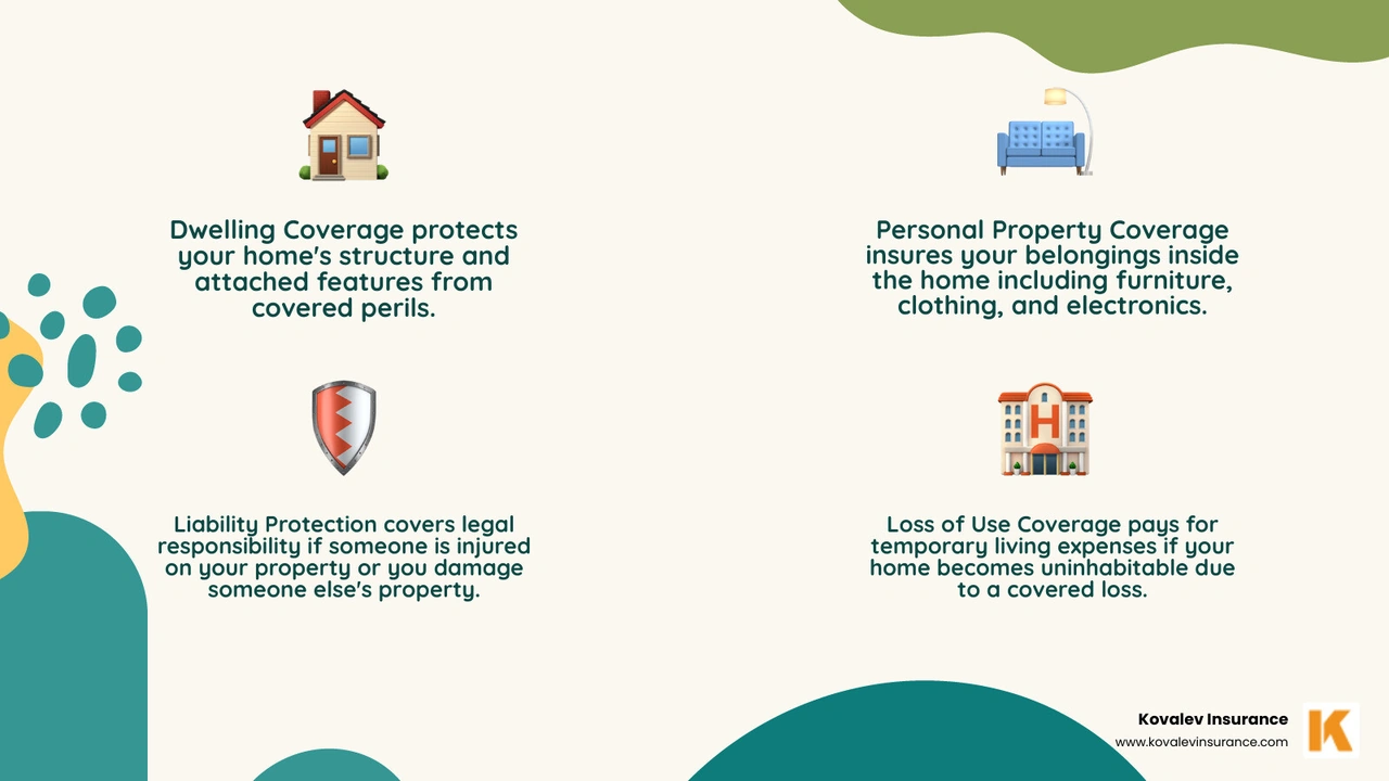 Infographic showing the four core components of a standard HO-3 homeowners insurance policy in Needham MA: 1) Dwelling Coverage protects your home's structure and attached features like decks and garages from covered perils; 2) Personal Property Coverage insures your belongings inside the home including furniture, clothing, and electronics; 3) Liability Protection covers legal responsibility if someone is injured on your property or you damage someone else's property; 4) Loss of Use Coverage pays for temporary living expenses if your home becomes uninhabitable due to a covered loss. The infographic includes average Needham costs of $977-$1,329 annually and notes that Massachusetts ranks 11th nationally at $1,150 average annual premium. - Home insurance Needham MA infographic 4_facts_emoji_nature