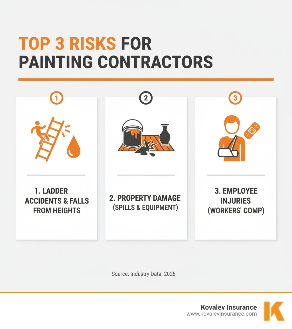 infographic showing top 3 risks for painting contractors: ladder accidents and falls from heights, property damage from paint spills or equipment, and employee injuries requiring workers compensation - painter insurance infographic infographic showing top 3 risks for painting contractors: ladder accidents and falls from heights, property damage from paint spills or equipment, and employee injuries requiring workers compensation - painter insurance infographic