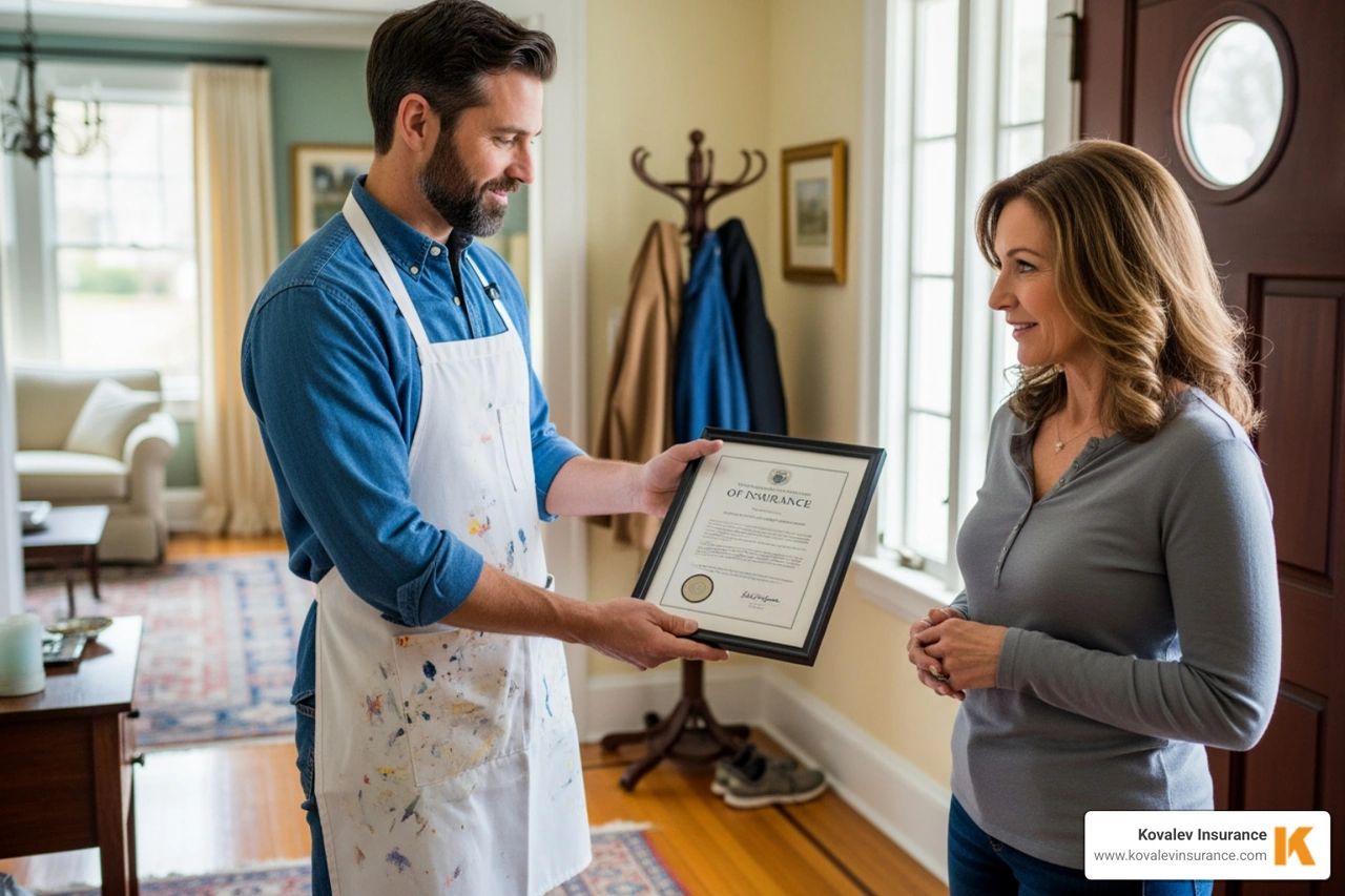 painter presenting certificate of insurance to homeowner in Brookline - painter insurance painter presenting certificate of insurance to homeowner in Brookline - painter insurance